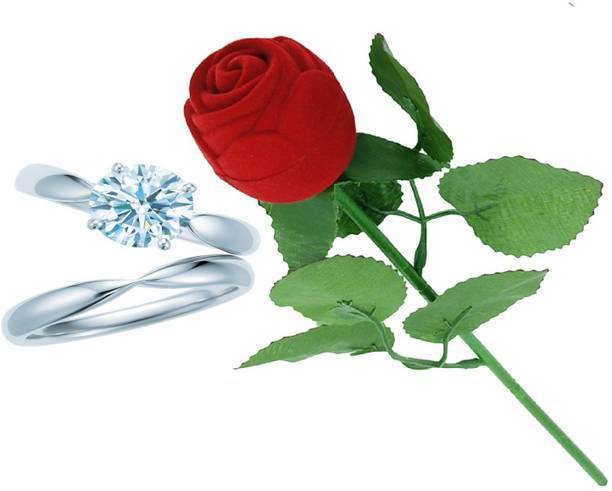 SILVERISH Valentine Gift Couple Ring Set with Red Rose Box and Platinum Plating Alloy Cubic Zirconia Platinum Plated Ring Set