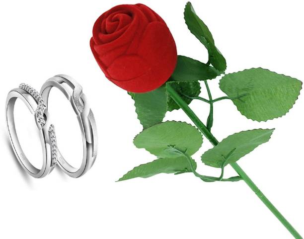 SILVERISH Valentine Gift Couple Ring Set with Red Rose Box and Platinum Plating Alloy Cubic Zirconia Platinum Plated Ring Set