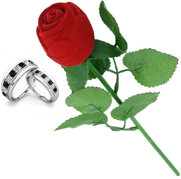 SILVERISH Valentine Gift Couple Ring Set with Red Rose Box and Platinum Plating Alloy Cubic Zirconia Platinum Plated Ring Set