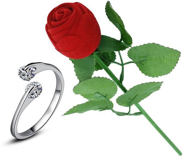 SILVERISH Valentine Gift Platinum Plated Ring for Girl and Women with Red Rose Box Alloy Cubic Zirconia Platinum Plated Ring