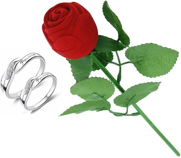SILVERISH Valentine Gift Couple Ring Set with Red Rose Box and Platinum Plating Alloy Cubic Zirconia Platinum Plated Ring Set