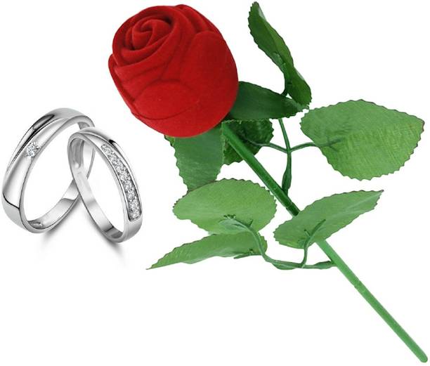 SILVERISH Valentine Gift Couple Ring Set with Red Rose Box and Platinum Plating Alloy Cubic Zirconia Platinum Plated Ring Set