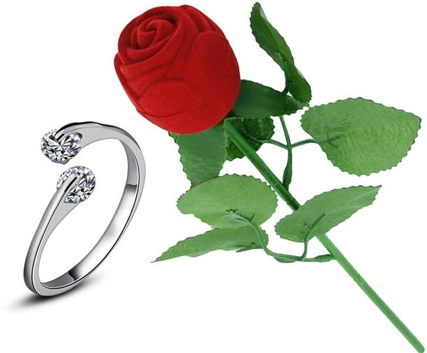 SILVERISH Valentine Gift Platinum Plated Ring for Girl and Women with Red Rose Box Alloy Cubic Zirconia Platinum Plated Ring