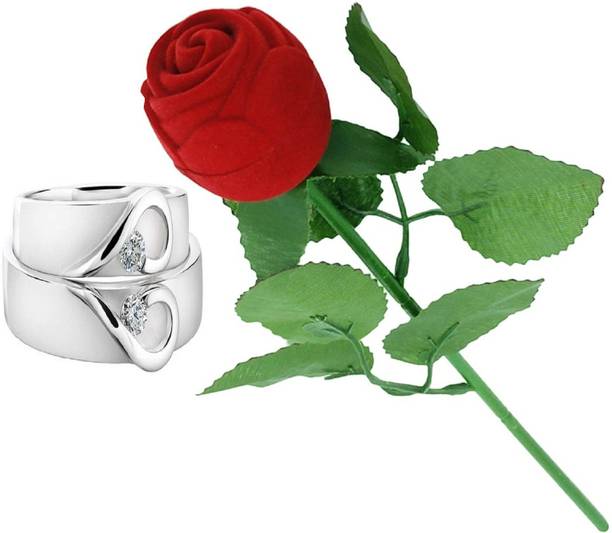 SILVERISH Valentine Gift Couple Ring Set with Red Rose Box and Platinum Plating Alloy Cubic Zirconia Platinum Plated Ring Set