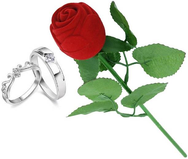 SILVERISH Valentine Gift Couple Ring Set with Red Rose Box and Platinum Plating Alloy Cubic Zirconia Platinum Plated Ring Set