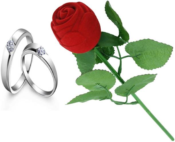SILVERISH Valentine Gift Couple Ring Set with Red Rose Box and Platinum Plating Alloy Cubic Zirconia Platinum Plated Ring Set