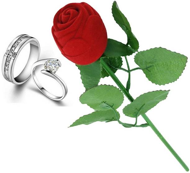 SILVERISH Valentine Gift Couple Ring Set with Red Rose Box and Platinum Plating Alloy Cubic Zirconia Platinum Plated Ring Set