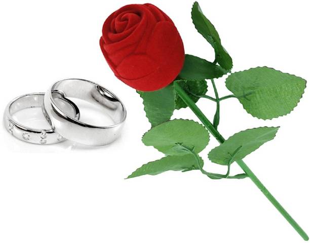 SILVERISH Valentine Gift Couple Ring Set with Red Rose Box and Platinum Plating Alloy Cubic Zirconia Platinum Plated Ring Set