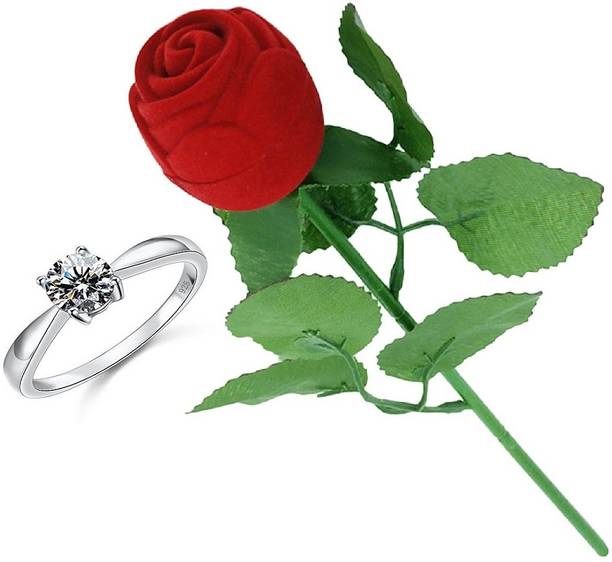 SILVERISH Valentine Gift Platinum Plated Ring for Girl and Women with Red Rose Box Alloy Cubic Zirconia Platinum Plated Ring