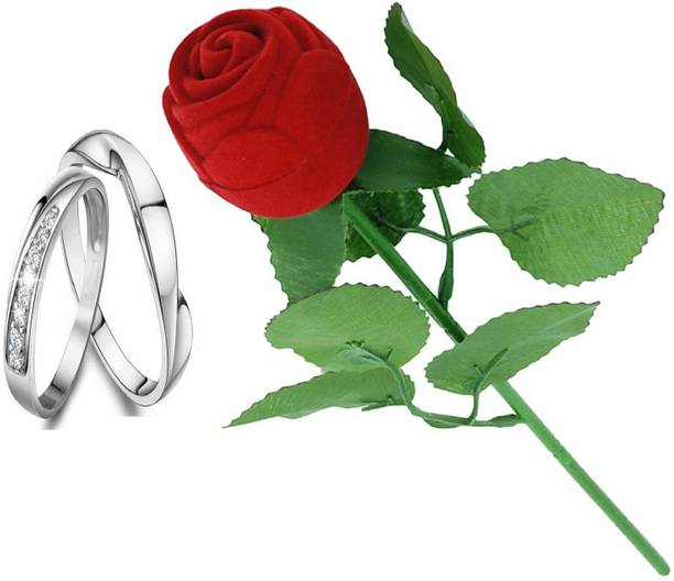 SILVERISH Valentine Gift Couple Ring Set with Red Rose Box and Platinum Plating Alloy Cubic Zirconia Platinum Plated Ring Set