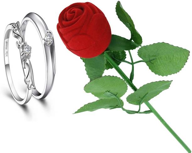 SILVERISH Valentine Gift Couple Ring Set with Red Rose Box and Platinum Plating Alloy Cubic Zirconia Platinum Plated Ring Set