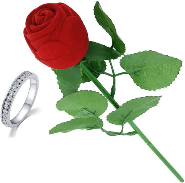 SILVERISH Valentine Gift Platinum Plated Ring for Girl and Women with Red Rose Box Alloy Cubic Zirconia Platinum Plated Ring
