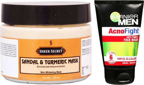 Sheer Secret Sandal &amp; Turmeric Mask 300ml and Garnier Men Acno Fight Face Wash 100ml