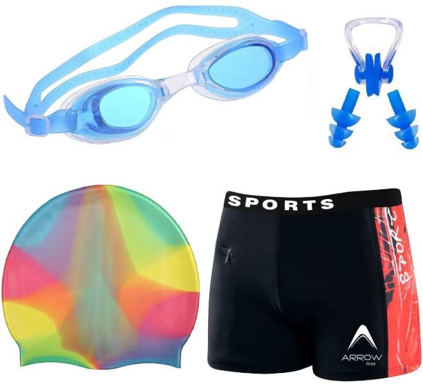 ArrowMax HIGH QUALITY MEN SWIMMING COSTUME FREE SIZE (28in-34in) GOGGLES RAINBOW CAP 2 EARPLUG NOSE CLIP SWIMSUIT Swimming Kit