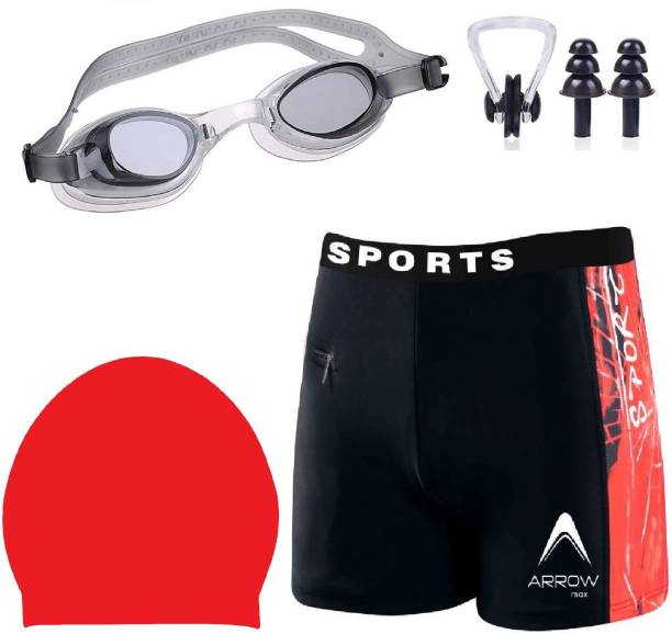 ArrowMax HIGH QUALITY MEN SWIMMING COSTUME FREE SIZE (28in-34in) GOGGLES RED CAP 2 EARPLUG NOSE CLIP SWIMSUIT Swimming Kit
