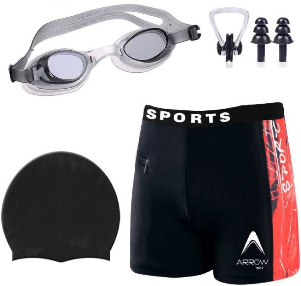 ArrowMax HIGH QUALITY MEN SWIMMING COSTUME FREE SIZE (28in-34in) GOGGLES CAP 2 EARPLUG NOSE CLIP SWIMSUIT Swimming Kit