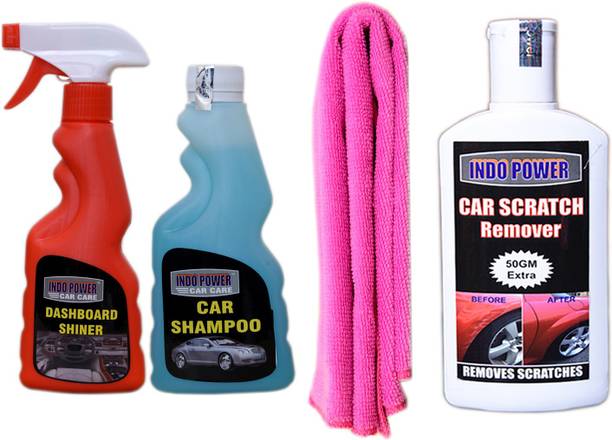 इंडोपावर CC132 DASHBOARD SHINER SPRAY 250ml+ CAR SHAMPOO 250ml+1PC CAR MICROFIBER CLOTH PINK+ Scratch Remover 200gm. व्हीकल इंटीरियर क्लीनर