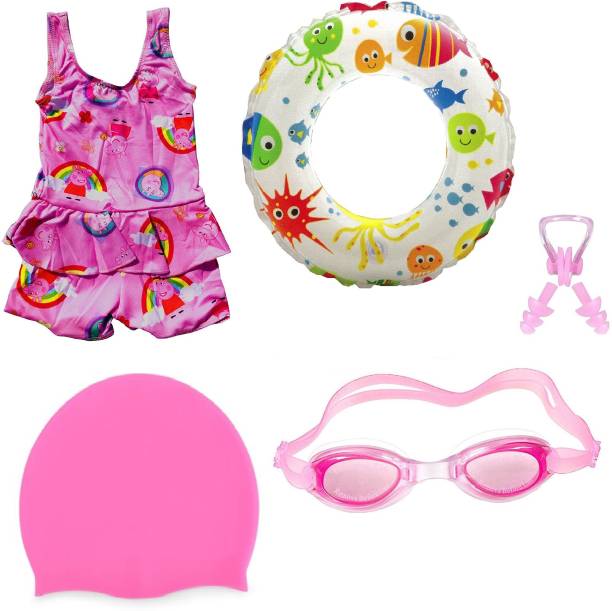 ArrowMax HIGH QUALITY Baby Girls PINK SWIMMING COSTUME (3-4 Years) GOGGLES CAP 2 EARPLUG NOSE CLIP SWIMSUIT with Swim Ring Swimming Kit