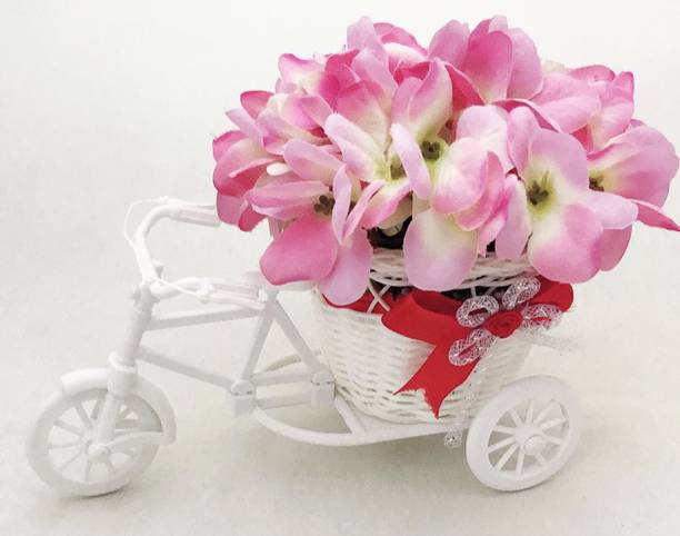 Just Flowers Artificial Pink Hydrangea loaded in a White Tricycle Plastic Flower Basket