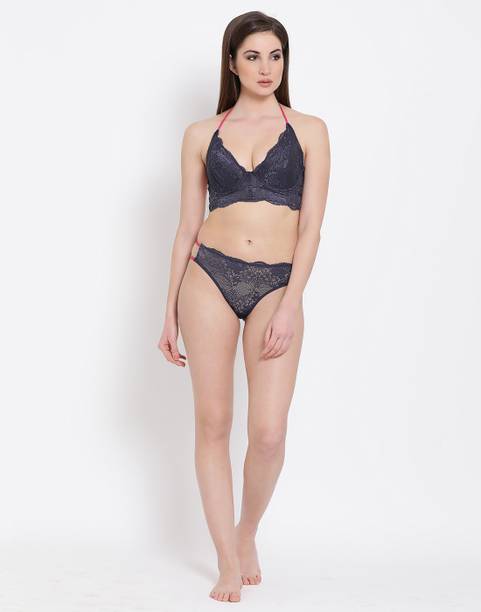 Clovia Lace Non-Padded Underwired Plunge Bra & Bikini Lingerie Set - Blue