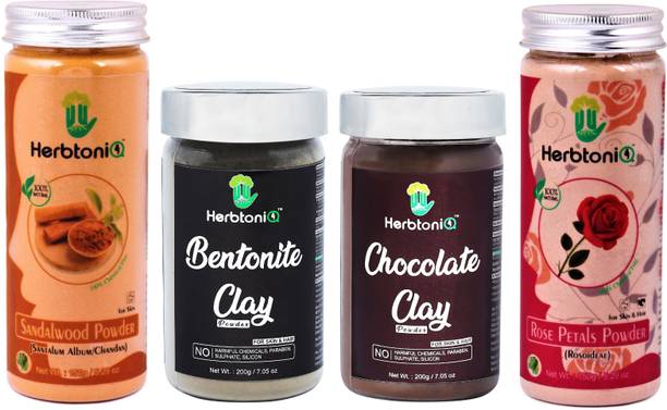 HerbtoniQ 100% Natural Sandalwood Powder 150g, Bentonite Clay Powder 200g, Chocolate Clay Powder 200g And Rose Petals Powder 150g For Skin & Hair Care, Fairness, Acne-Spot Treatment