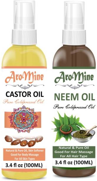 AroMine 100% Organic Castor Oil Pure &amp; Natural And 100% Pure Natural Oil &amp; Undiluted Cold Pressed Refined Cosmetic Grade For Aromatherapy, Skin Treatment, Hair Care, Face (100 ml)-Pack of-2-Bottle-(200ml) Hair Oil Combo Hair Oil