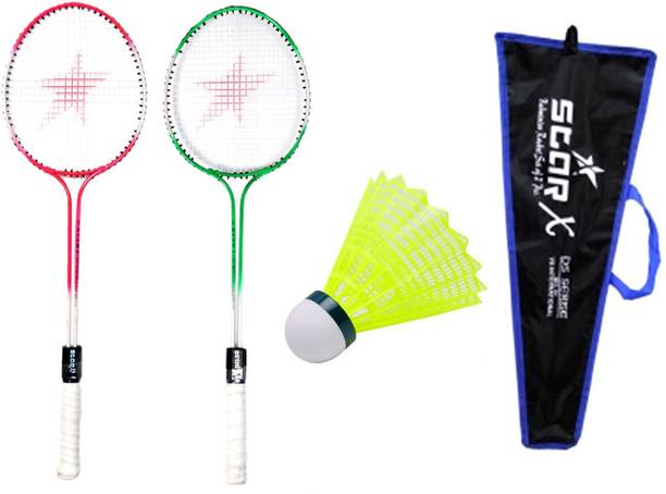 स्टार X Trendy Colored Double Shaft Badminton Racket With Double Wiring, Soft Grip, Light Weight,Cover Protected And Shuttle Cock Pack Of 10 बैडमिंटन किट