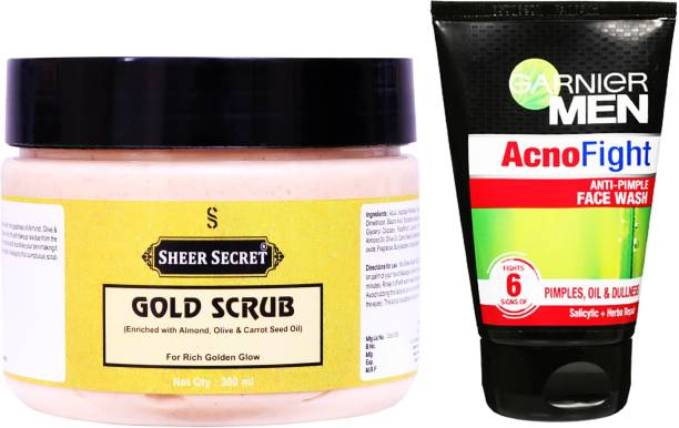 Sheer Secret Gold Scrub 300ml and Garnier Men Acno Fight Face wash 100ml