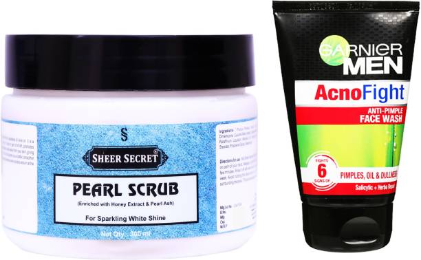 Sheer Secret Pearl Scrub 300ml and Garnier Men Acno Fight Face wash 100ml