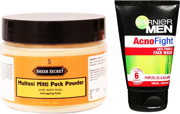 Sheer Secret Multani Mitti Pack Powder 150gm and Garnier Men Acno Fight Face wash 100ml