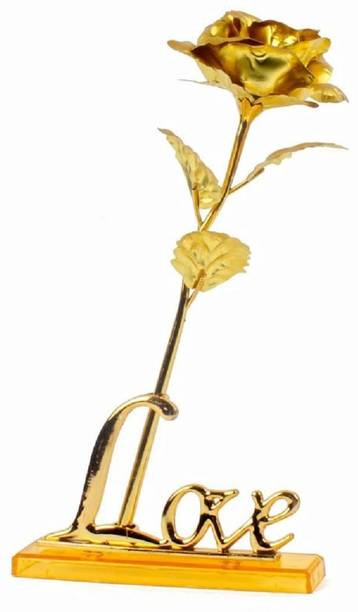 NERR Gold Plated Rose With Love Stand For Valentine Gift Gold Rose Artificial Flower (9.5 inch, Pack of 1) Yellow Rose Artificial Flower