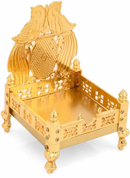 CraftVatika Metal Gold Plated Singhasan ,Peacock Design Aluminium Pooja Chowki