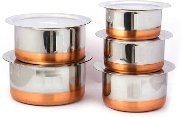 LIMETRO STEEL STEEL Stainless steel Set of 5 Copper Bottom Tope Set/ Cookware Set Handi Cookware Multi Purpose Capacity :- 1000 ML , 1500 ML , 2000 ML, 2500 ML , 3000 ML Tope Set with Lid��(Stainless Steel) Tope Set with Lid 5 L capacity 20 cm diameter