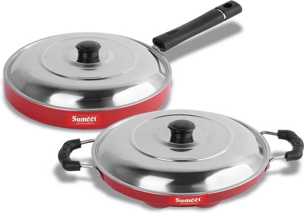 Sumeet Red Indian Non Stick Cookware Set of 2.6mm Thick (Grill Appam Patra With Lid – 23cm Dia + Pizza Pan – 23cm Dia) Non-Stick Coated Cookware Set