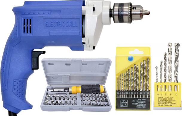 Digital Craft Household Hand-held Electric Impact Drill Sets Hammer Wall Drilling With 41Pc Socket Set Screwdriver, 13Pc HSS Drill Bit Set, 5Pc Masnory Drill Set Working Drill Power & Hand Tool Kit