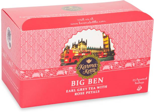 Karma Kettle Big Ben, Earl Grey Tea, 25 Pyramid Teabags Bergamot Orange Black Tea Bags Box