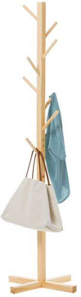 HOUSE OF QUIRK Bamboo Coat and Hat Rack 8 Hooks Coat Stand Clothes Rack Solid Feet for Clothes Scarves and Hats - Beige Bamboo Coat and Umbrella Stand