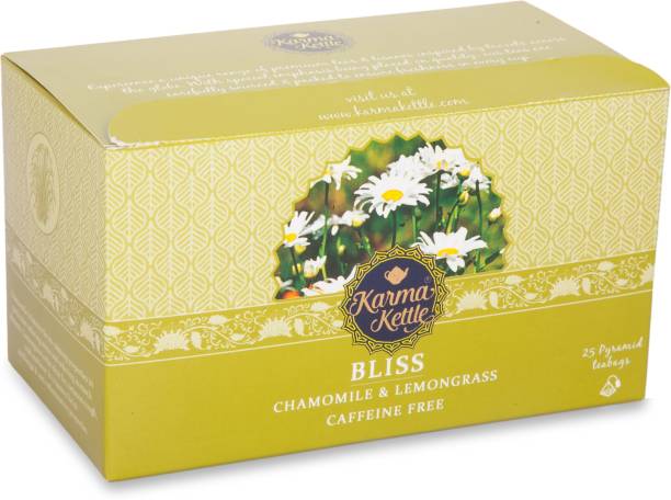 Karma Kettle Bliss, Chamomile & Lemongrass Tea, Caffeine Free, 25 Pyramid tea bags Lemon Grass, Chamomile Herbal Infusion Tea Bags Box