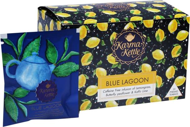 Karma Kettle Blue Lagoon-Lemongrass Tea with butterfly pea flower, 20 Pyramid Tea bag Lemon Grass, Citrus Herbal Infusion Tea Box