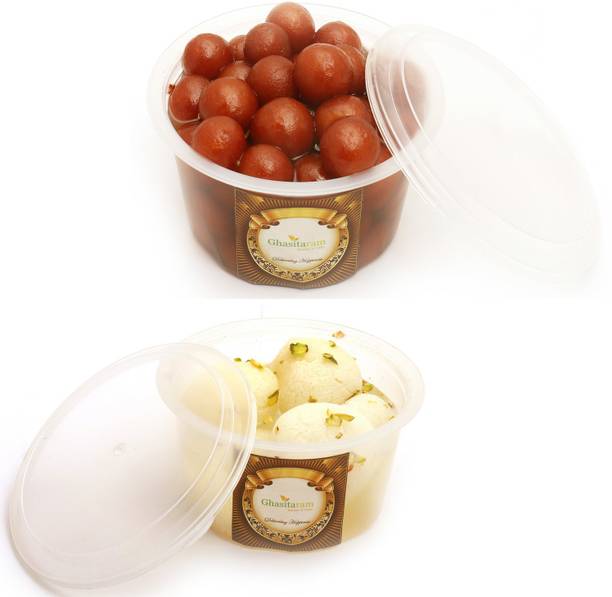 Ghasitaram Gifts Sweets-Rasgulla and Shahi Gulab Jamun (mini) Hamper Plastic Bottle