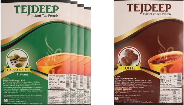 Tejdeep Pack of 4 Insant Cardamom Premix Tea and 1 Pack of Instant Coffee Combo
