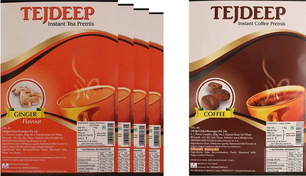 Tejdeep Pack of 4 Insant Ginger Premix Tea and 1 Pack of Instant Coffee Combo