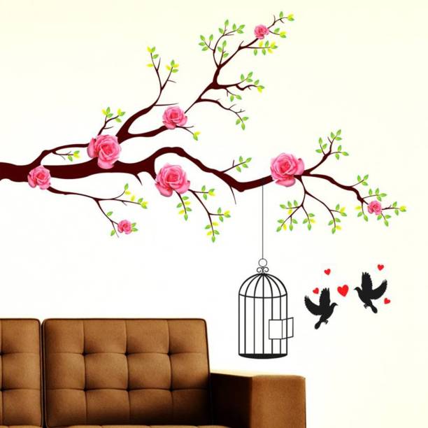 Flipkart SmartBuy 130 cm Wall Stickers Rose Flower Branch & Cage Birds Couple Living Room Self Adhesive Sticker