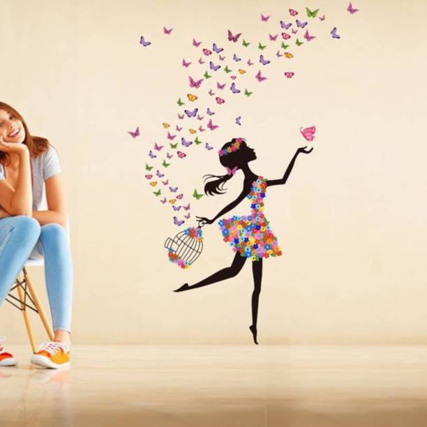 Aquire 100 cm Wall Stickers Dreamy Girl with Flying Colorful Butterflies Self Adhesive Sticker