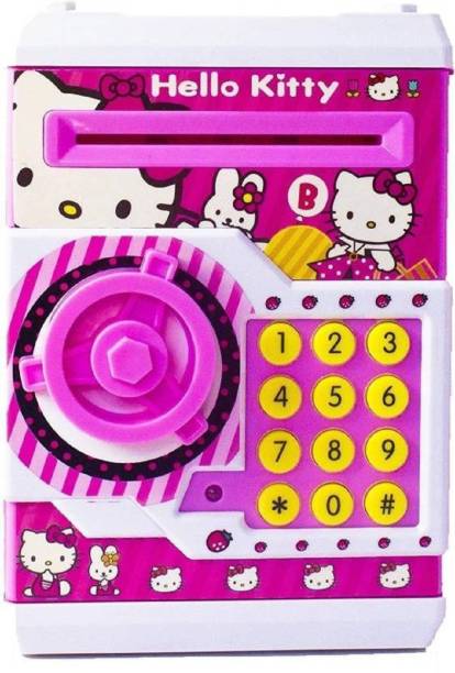 LNG Lifestyle Hello Kitty Money Safe Bank ATM Electronic Changeable Password Lock Digital Savings & Piggy Bank for Coin/Bills (Pink) Coin Bank