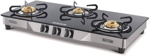 USHA EBONY NEO 3003 SS 3BURNER Glass Manual Gas Stove