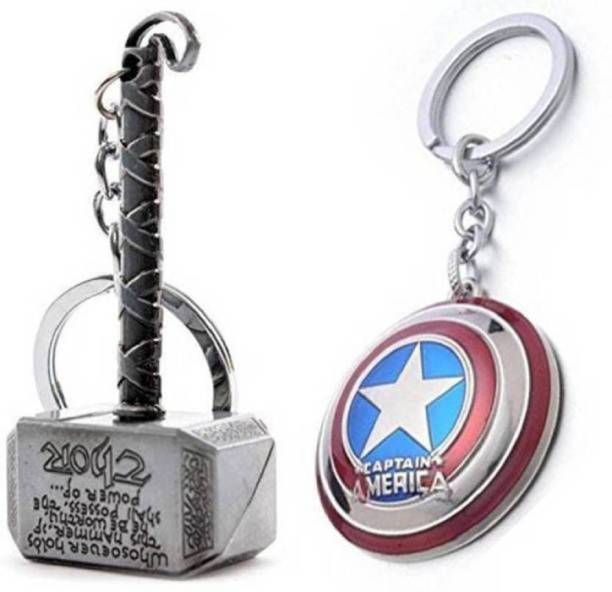 Madhuraj Combo of Silver Thor Hammer and Captain America Metal Key Chain