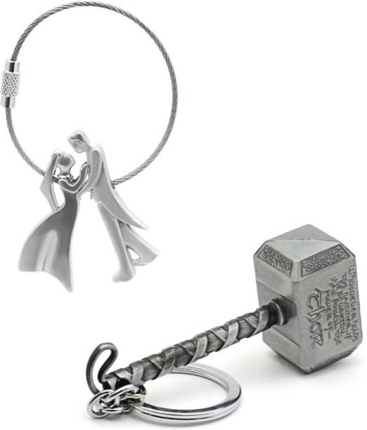 Madhuraj Combo of Silver Thor Avengers Hammer and Romantic Couple Key Chain