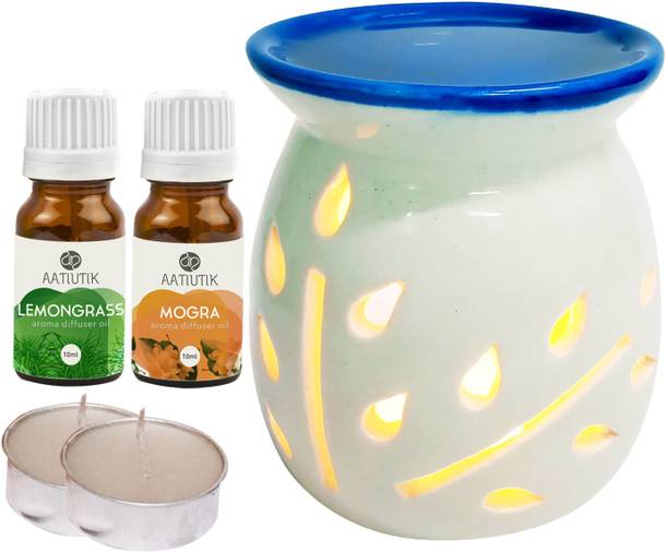 Aatiutik Mogra Aroma Oil with Ceramic Tlight Air Freshener Home Fragrance Aroma, Lemongrass Diffuser Set Mogra & Lemongrass Fragrance for Room and Office with Ceramic Electric Burner