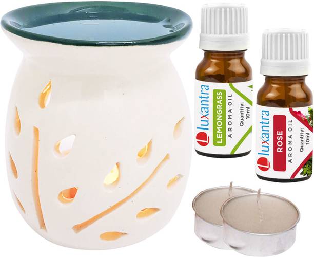 Luxantra Lemongrass, Rose Aroma Oil with Tlight Ceramic Air Freshener Home Fragrance Aroma Diffuser Set Ceramic Electric Fragrance Burner for Home, Aromatherapy and Decor